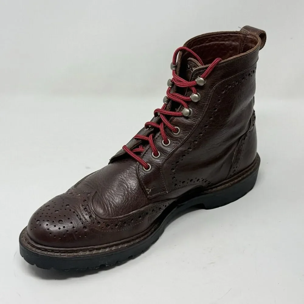 Allen Edmonds Long Branch Boots Mens 9.5 D Brown Leather Wingtip Vibram Lug Sole